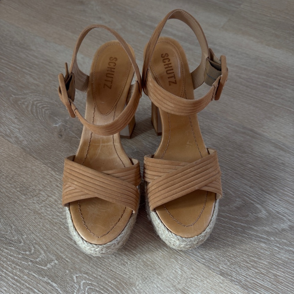 SCHUTZ Tan Braided Platform Espadrille Heels - Picture 3 of 9